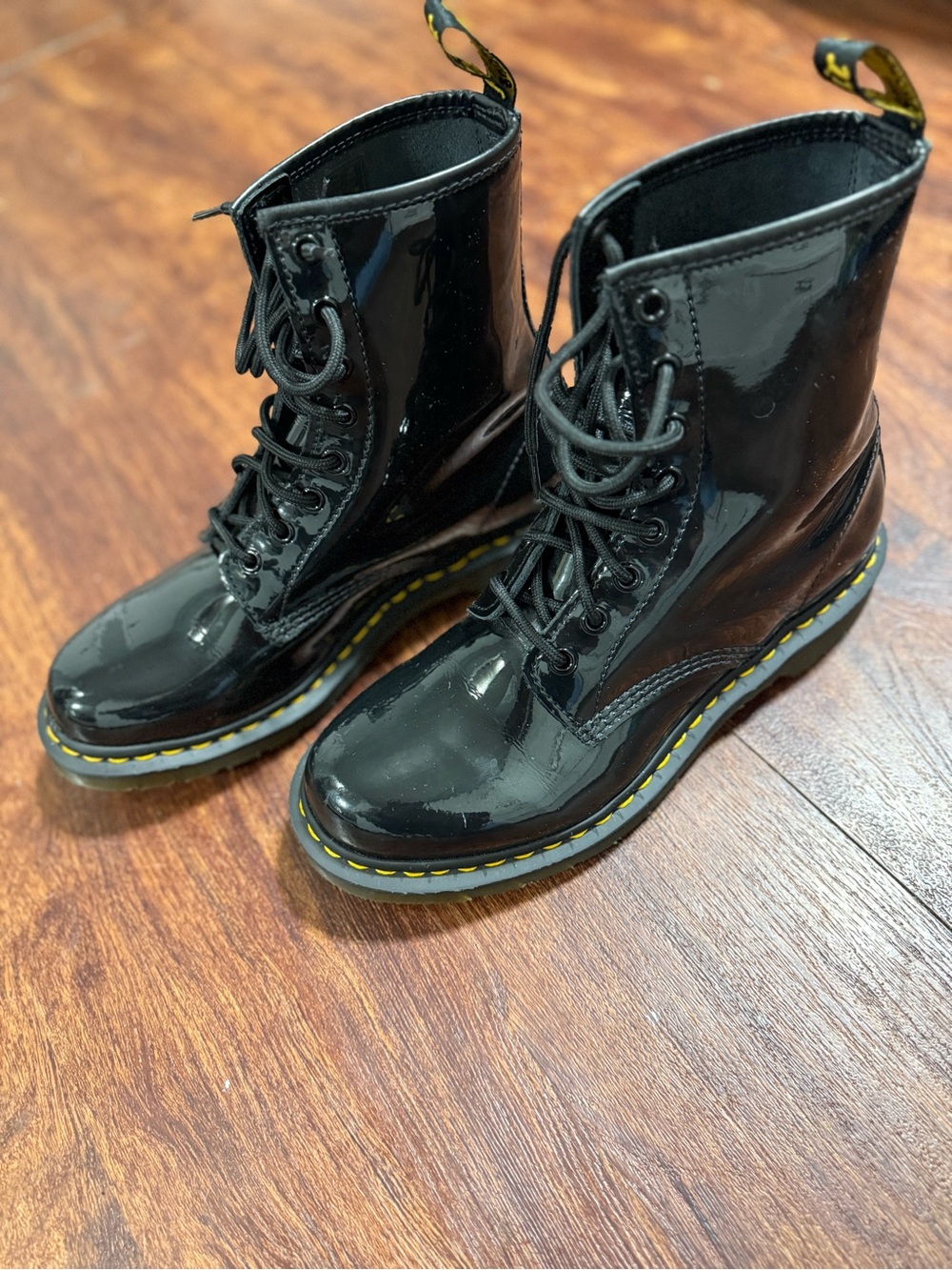 Dr. Martens Black Patent Lace-Up Ankle Boots with Yellow Stitching